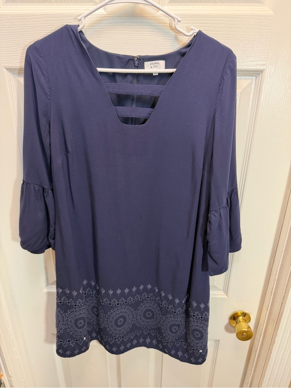 crown & ivy Navy Blue Embroidered V‑Neck Dress